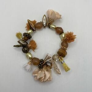 Silk Flower Multi Media Charm Style Memory Wire Bracelet Metallic Glass Antique